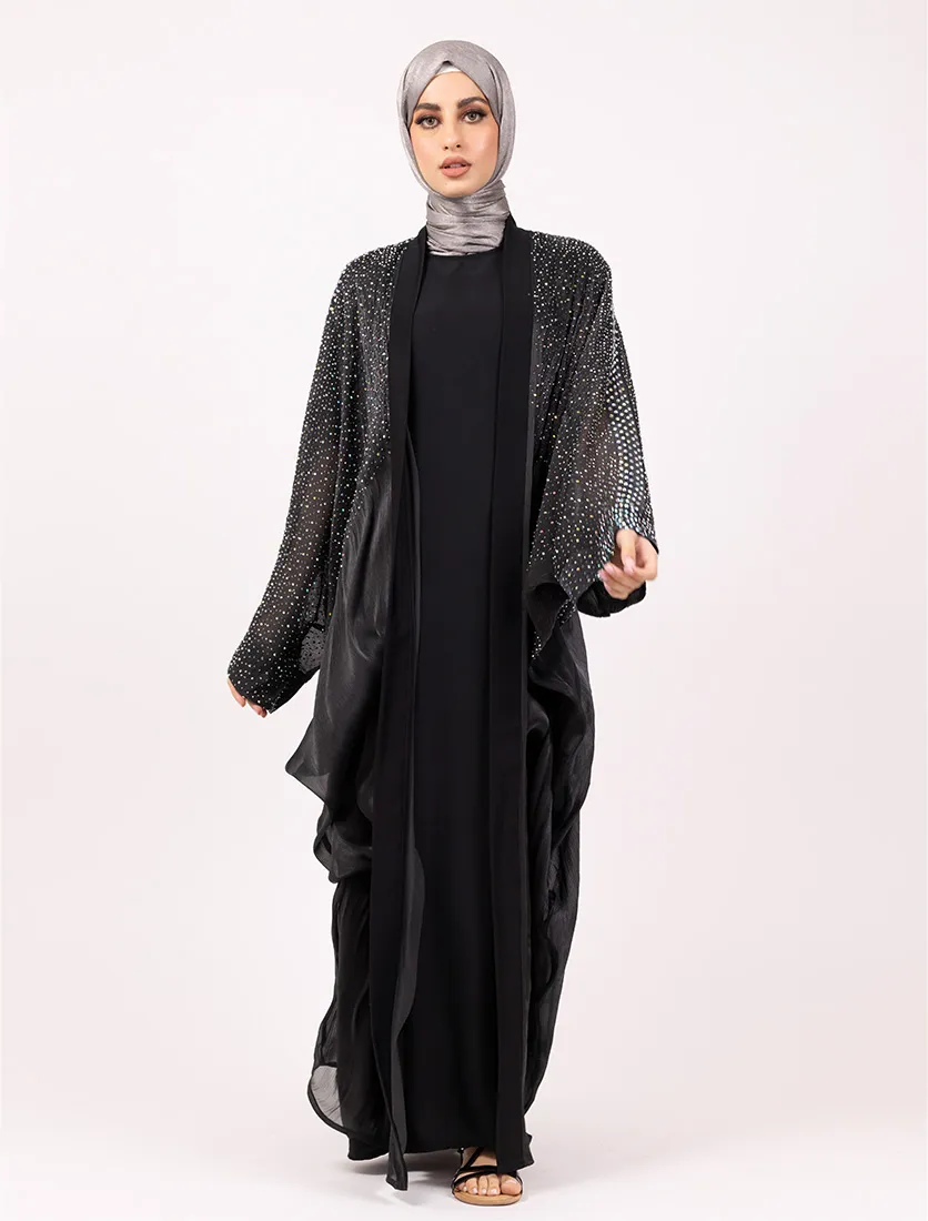 Black Sparkle Crystal Embellished Sheer Overlay Abaya